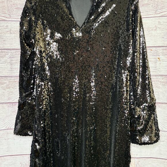 Ann Taylor Black Holiday Party Shimmer Sequined Bell Sleeve Shift Dress Size 2 - Picture 5 of 10